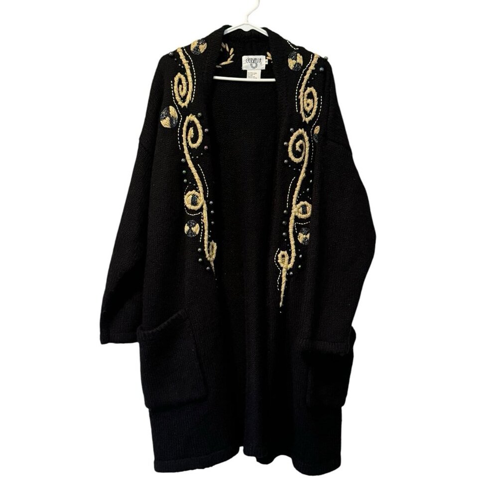 VTG Cervelle Sweater Women 1X Black Geometric Open Front Knit Cardigan 90s Retro